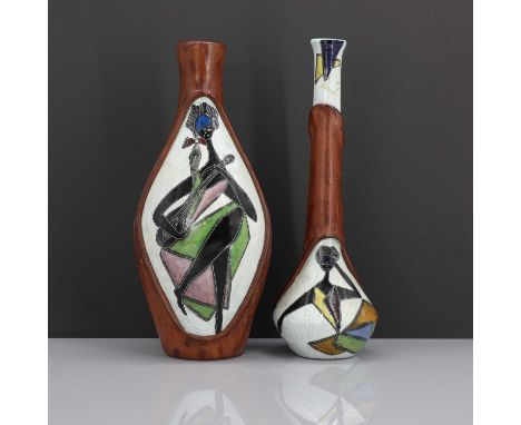 Two Italian pottery and leather vases, 1950s, each decorated with figures, one playing a guitar, on a vertical crayon line gr