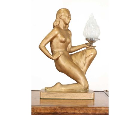 An Art Deco plaster lamp, modelled as a kneeling lady, holding a moulded glass lamp, 37cm wide 58cm high  Condition ReportPAT