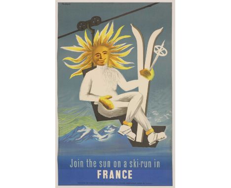 A French travel poster,c.1950, 'Join the Sun on a Ski Run in France', created by Jacques Dubois, lithograph in colour, printe