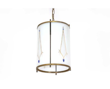 An Italian glass and brass hanging drum lantern,1950s, with a printed cylindrical shade mounted with blue glass additions, wi