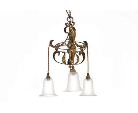 An Arts and Crafts brass three-branch hanging ceiling light, fitted with three frosted glass shades, 30cm diameter approximat
