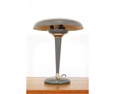 An Italian grey enamel table lamp,1960s, fitted with three lights, rewired, 35cm diameter45cm highCondition ReportGreen plast