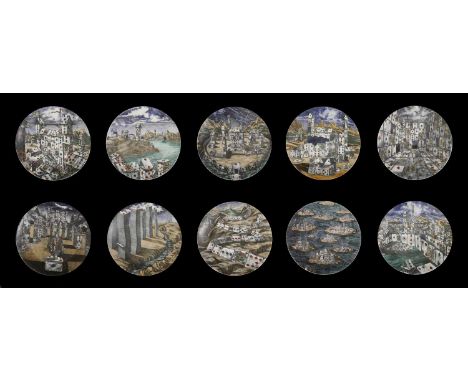Ten 'Città di Carte' (City of Cards) porcelain plates,designed by Piero Fornasetti, each printed with stacked playing cards, 
