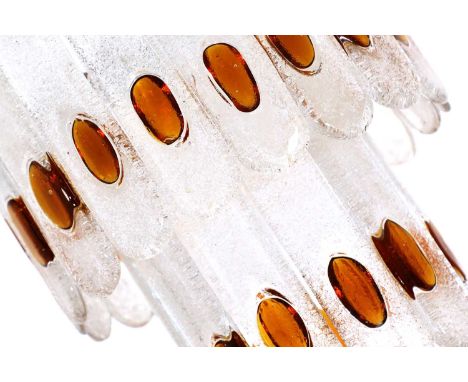 A pair of Murano sugar glass and amber lozenge pendant lights,each with two tiers of glass panels, 33cm diameter108cm high ov