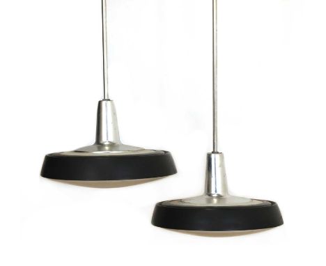 A pair of Marlin hanging lights, 1970s, each with a glass dish and black collar, with aluminium ceiling mount, 38cm diameter8