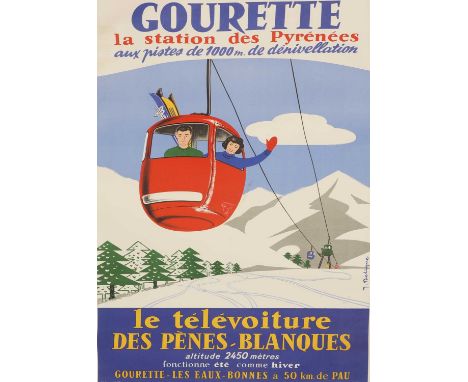 A French travel poster,1954, 'Gourette, la station des Pyrénées aux pistes de 1000 m. de dénivellation', designed by J Delign