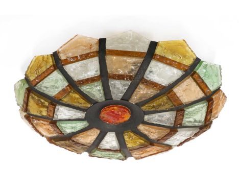 A Longobard coloured glass ceiling light, of petal circular form, with steel and thick hammered glass panels, with a circular