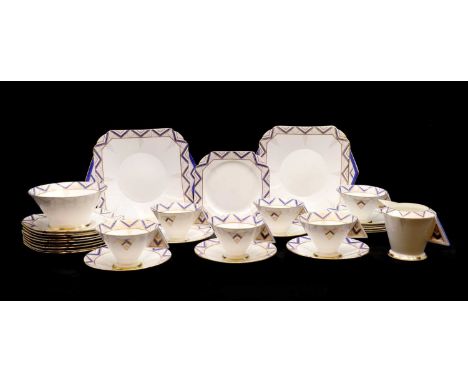 A Shelley 'Vogue' shape part tea service for six,c.1930, pattern 11748, each piece with a blue and gilt geometric design, com