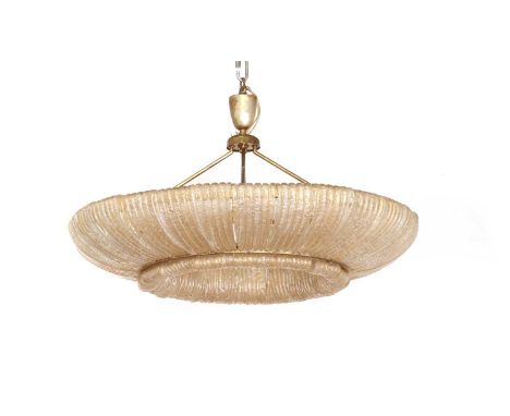 An Italian brass and aventurine glass ceiling light,1940s, attributed to Venini, the circular frame with twelve lights, mount