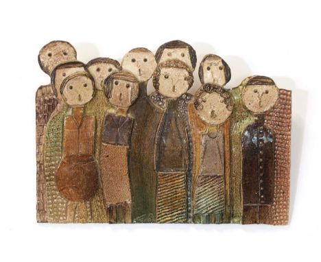 An Italian ceramic glazed plaque,1960s, slab cut with figures, signed 'Fanto' and dated '67', 46.5cm wide 33.5cm highConditio