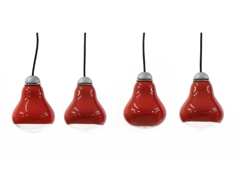 A set of four contemporary Murano glass hanging 'Ben' light pendants,in red, with ceiling caps, 17cm high, boxed (4)Condition