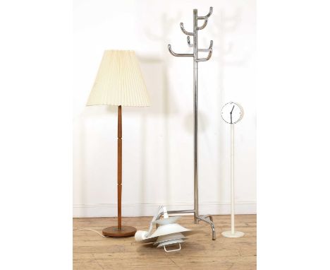 A Danish oak three-section floor lamp,with a tapering pleated shade, 143cm high,an eight-branch chrome coat rack,174cm high, 