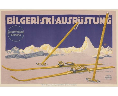 A German travel poster, 1910, 'Bilgeri-Ski Ausrüstung' designed by Carl Kunst (German, 1884-1912), lithograph in colours, pri
