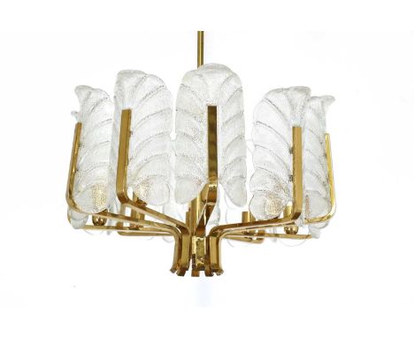 An Italian moulded glass ceiling light, 1970s, with ten branches with moulded and aventurine feathered shades, labelled, 53cm