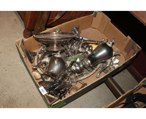 A box containing various silver plated ware 