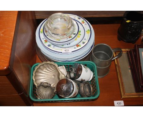 A quantity of various plates and a plastic crate of silver plated ware, two Royal Worcester egg coddlers, a pewter tankard et