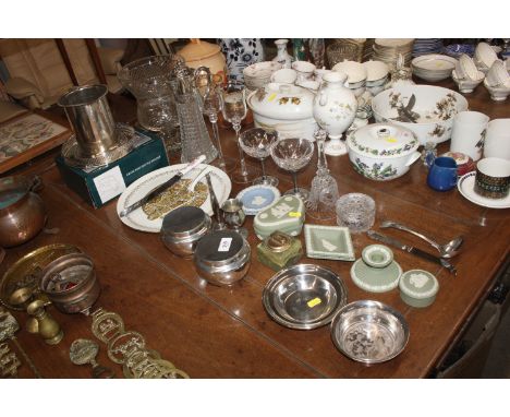 A quantity of Wedgwood jasperware, silver plated items, a grape decorated wine bottle holder, a cut glass vase, claret jug et