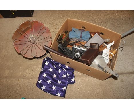 A box containing a vintage lamp - sold as collectors item, camera, clothing etc.