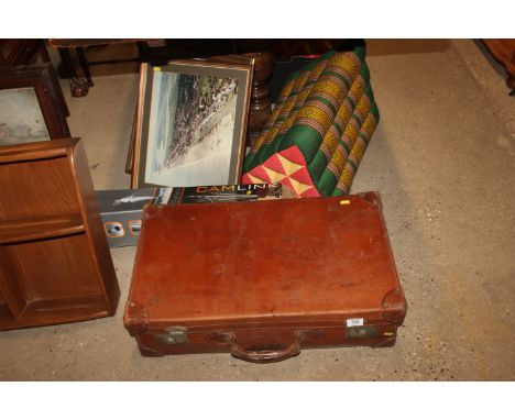 A vintage leather suitcase and a Cam Link tripod with original box
