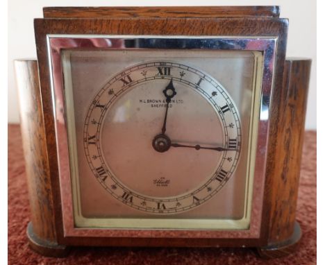 1920s oak and chrome cased mantel clock by H. L. Brown &amp; Son Sheffield, with wind up movements (height 13cm) 