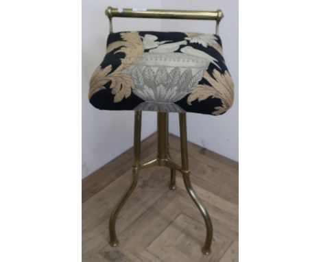 Edwardian brass harp stool with upholstered seat and three supports (height 70cm) 