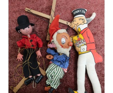 Pellham Big Ears puppet, another Pellham puppet and a Sunny Jim Force Wheat Flakes advertising soft toy 