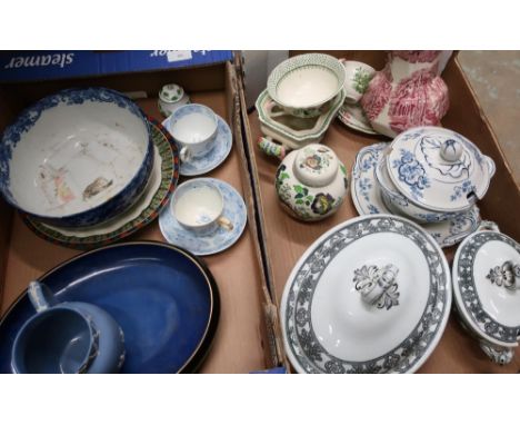 Royal Doulton blue and white print ware 'Melrose' fruit bowl, a pair of 19th C blue and white print ware cups and saucers, 19