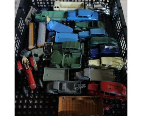 Tray containing a selection of various assorted early Dinky diecast and other vehicles, including loud speaker van, ambulance