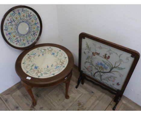 Circular top occasional table with inset needlework panel with similar twist handle and circular tray, matching needlework fi