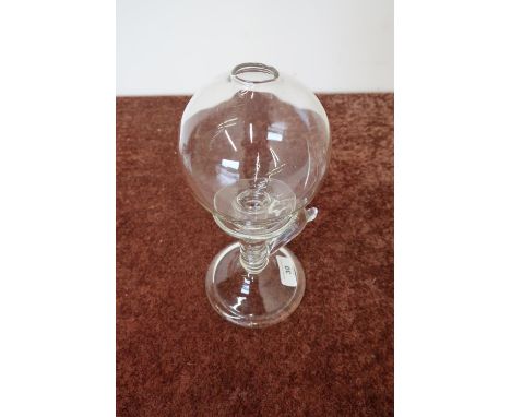 19th C glass lace makers oil lamp with circular base, loop handle, and globe (approx height 25cm) 