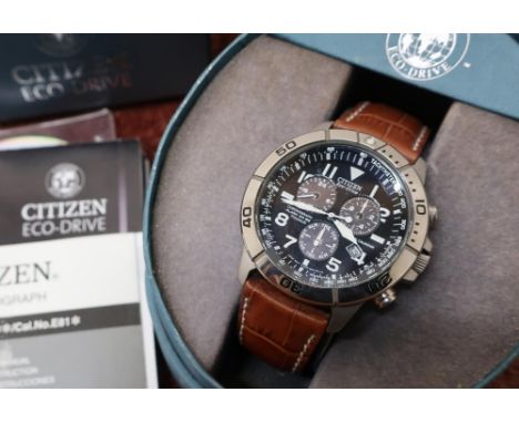 Gents Citizen Eco-Drive titanium cased chronograph wristwatch model BL5, complete with papers, CD rom, display case and outer