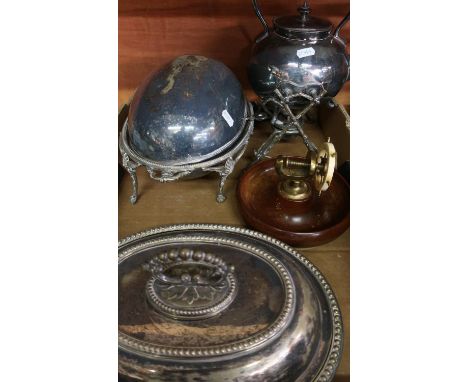 Silver plated spirit kettle, serving tureen, nutcracker etc 