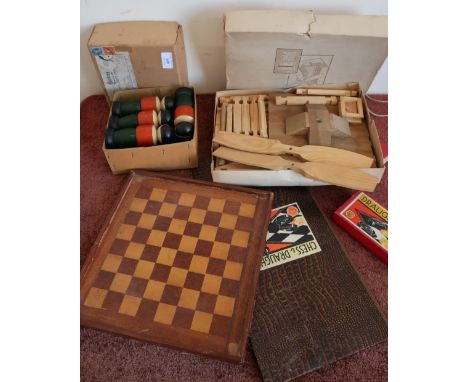 Selection of various vintage toys and games including chess board, draughts set, skittle set, wood mill building set, etc 