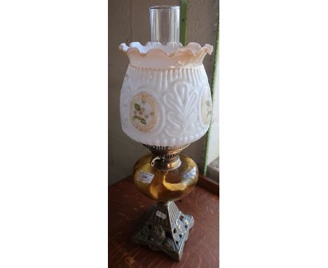 Late Victorian oil lamp with square brass base, coloured glass reservoir and opaque glass shade (height 50cm) 