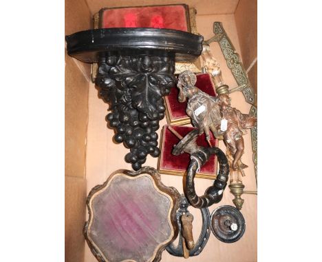 Ebonised wall bracket, pair of brass and cut glass door handles, cast iron door knocker and other items including decorative 