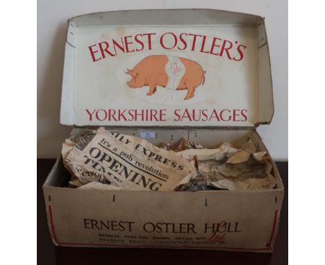 Vintage Ernest Ostler's Yorkshire Sausages sausage box, the inside with print of Ernest Ostler's Limited Pork Sausages pig (4