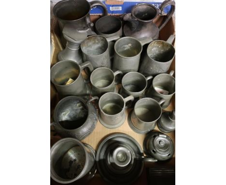 19th C pewter ink well, 19th C pewter snuff box, and a collection of 19th C and later pewter tankards 