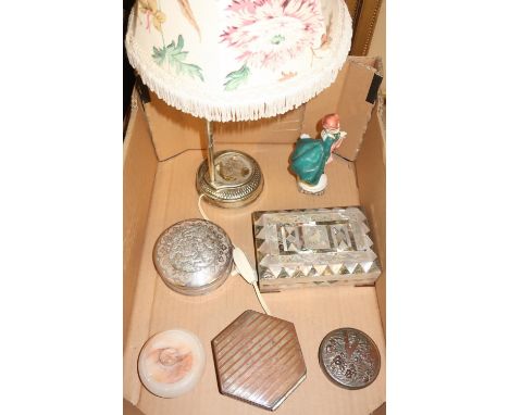 Mother of pearl table box, various other boxes, a silver plated table lamp with a ceramic figure 