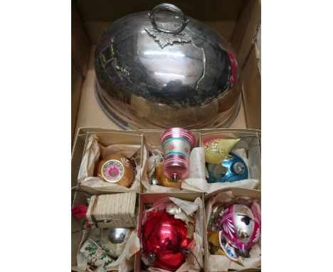 Victorian plated entree dish cover with engraved acanthus leaf decoration and a selection of vintage blown glass Christmas de