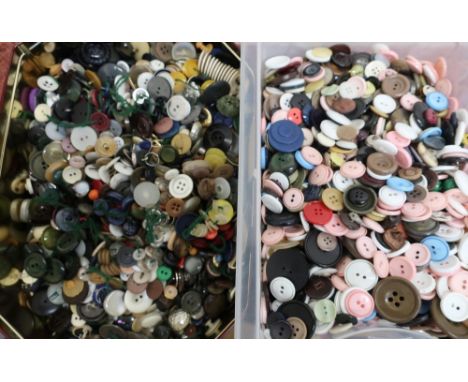 Large quantity of vintage buttons, and other items in two containers 