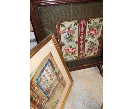 Framed woolwork firescreen and a framed piece of embroidery 