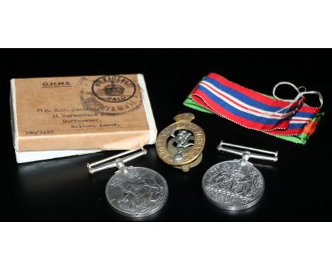 WW2 Military Interest, Defence Medal, War Medal And Cap Badge, With Addressed Box For R O Jackson, Doffcocker Bolton Lancashi