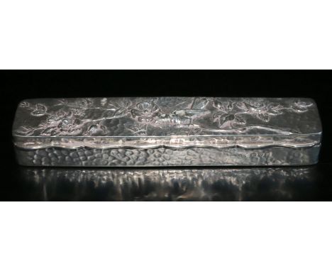 Long Silver Tobacco/Snuff Box, Hinged Lid, Planished Design With Bird And Foliage, Fully Hallmarked For Chester P 1898, Maker