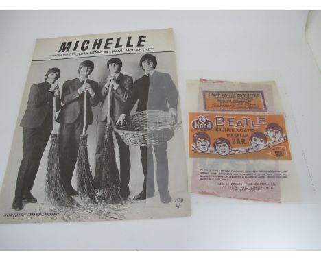 Beatles Ice Cream Wrapper, from the U.S., souvenir card from a shirt and the sheet music for 'Michelle'.