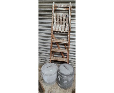 2 GARDEN STORAGE BINS (1 GLAVANISED) &amp; PAIR OF WOODEN STEP LADDERS 