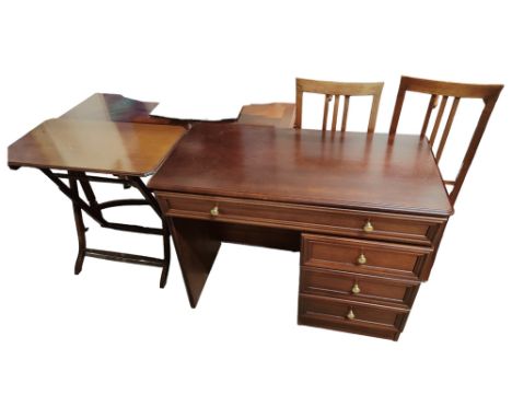 QUANTITY OF FURNITURE TO INCLUDE HALL TABLE, FOLDING CARD TABLE, DESK &amp; 2 INLAID HALL CHAIRS 