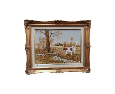 OIL PAINTING - HUNTING SCENE IN GILT ORNATE FRAME 