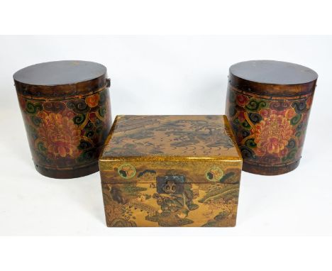 MONGOLIAN LEATHER DRUMS, two similar, each approx 45cm H x 40cm with polychrome painted base along with a small Asian trunk 3