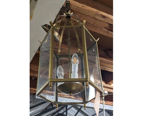 HALL LANTERN, gilt metal and glazed, three branch light, 65cm H. (faults to finish) 