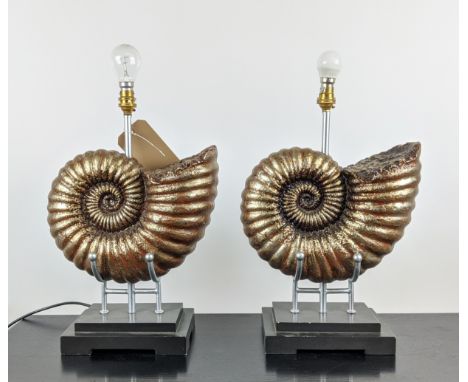 TABLE LAMPS, a pair, faux ammonite form, 45cm H. (2) 